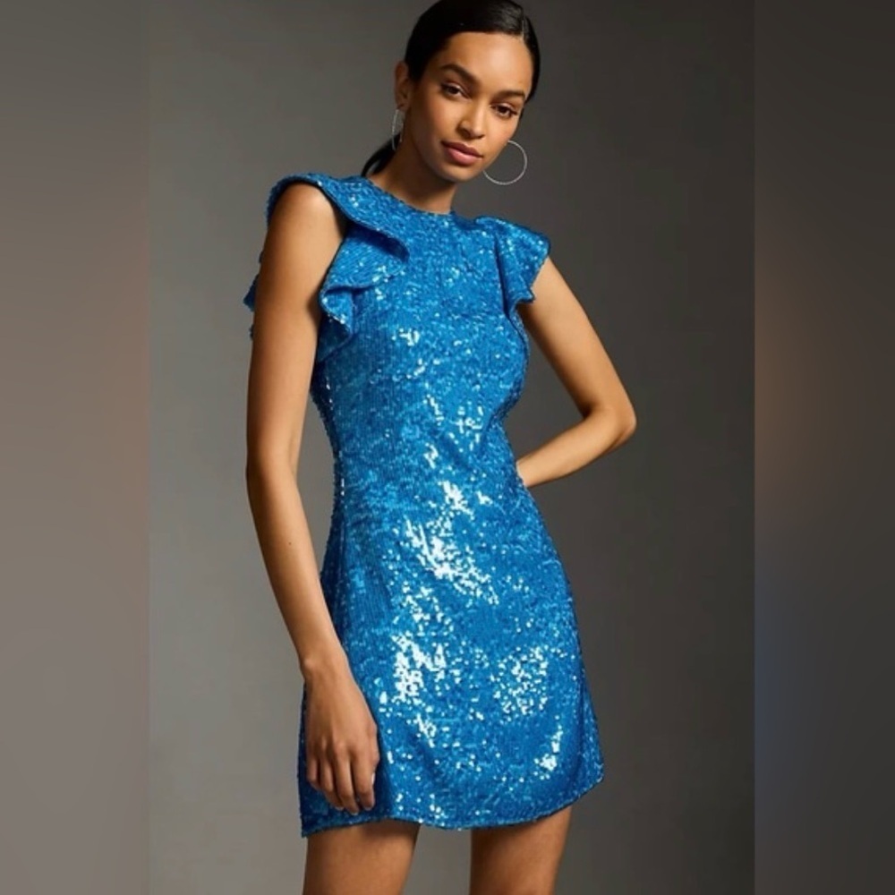 Shoshanna Midnight Flutter-Sleeve Sequin Dress